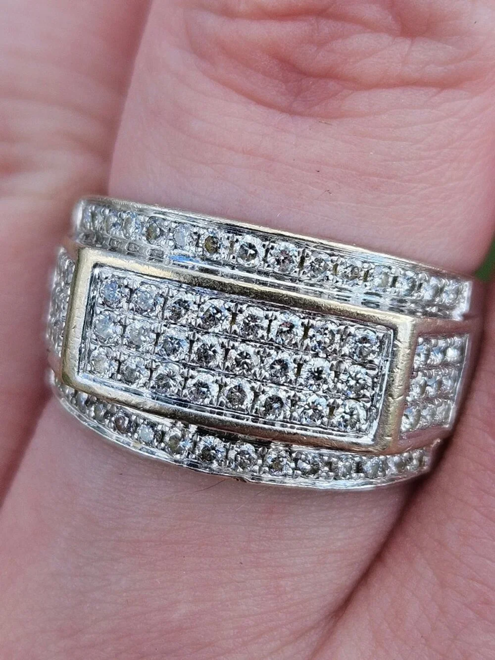10K White Gold Pave Round Cut Diamond Wide Band Cocktail Ring 12mm Size 8